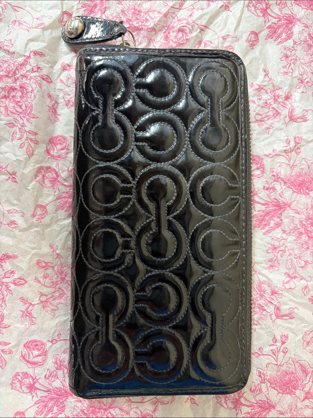 Coach Glossy Patent leather Black Zip Wallet with Signature Embossing